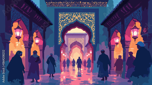 A traditional Souk market entrance. Intricate gold geometric patterns. Neon pink lanterns. Indigo shadows. Flat vector design