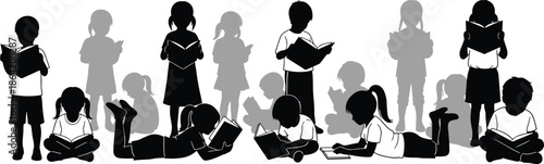 Children reading books in various poses, silhouette style educational vector for literacy, school, library, learning, and childhood development themes.
