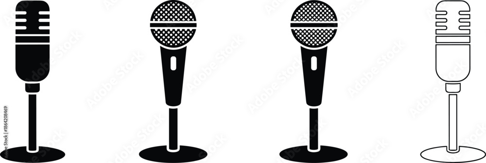 Fototapeta premium Professional microphone icon set featuring retro and modern studio condenser designs for podcasting recording broadcast audio equipment and music production.