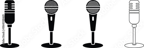 Professional microphone icon set featuring retro and modern studio condenser designs for podcasting recording broadcast audio equipment and music production.
