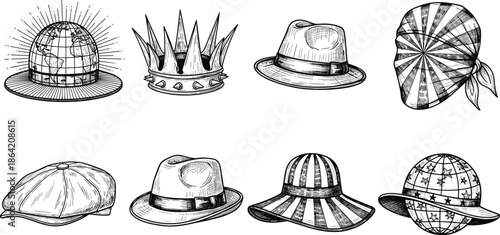 Vintage Hand Drawn Hat and Crown Sketch Icons Set with Fedora, Royal Crown, Sun Hat, Bandana, Globe Hat, and Classic Headwear Illustrations Vector