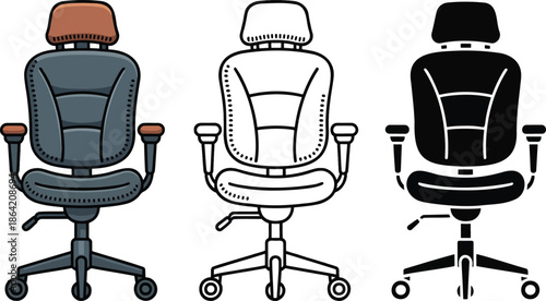 Office armchair silhouette & Outline and illustration set isolated on transparent background