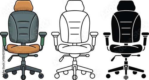 Office armchair silhouette & Outline and illustration set isolated on transparent background