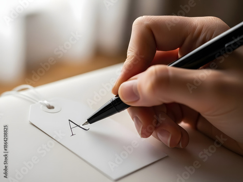 Hand writing letter on gift tag with transparent background