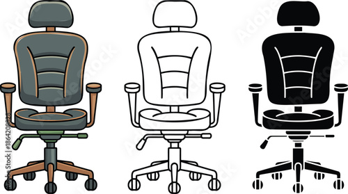 Office armchair silhouette & Outline and illustration set isolated on transparent background
