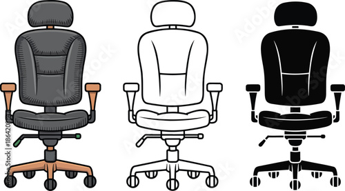 Office armchair silhouette & Outline and illustration set isolated on transparent background