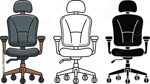 Office armchair silhouette & Outline and illustration set isolated on transparent background