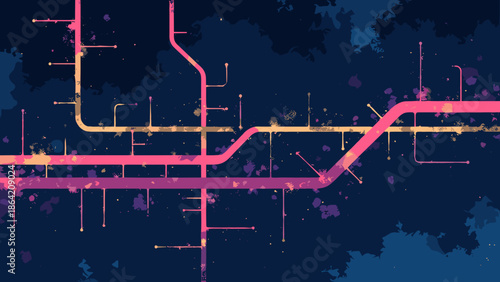 A stylized subway map pattern. Lines in neon pink and gold. Stations are black dots. Indigo background. Graphic design vector