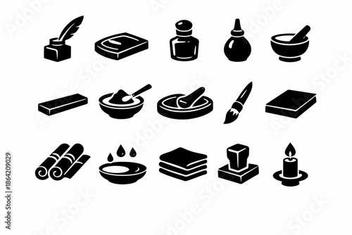 Set of calligraphy and writing tools in black silhouette icons