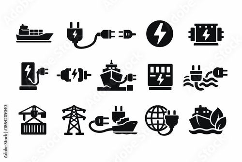 Electric shipping icons: sustainable transport and energy solutions