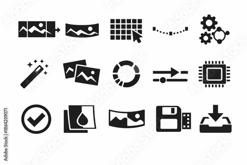 Set of 16 black silhouette icons on image editing and technology