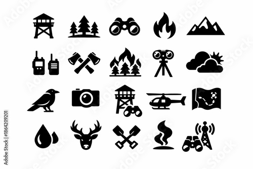 Black forest adventure icons set with nature and wildlife symbols