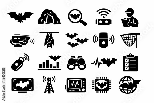 Black silhouette icons: bats, technology, and research symbols