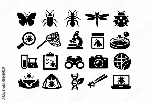 Insect science icons illustrating entomology and research tools