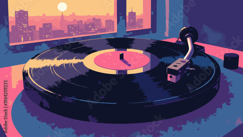 A vinyl record spinning with a city reflection on the glossy black surface. Pink and gold highlights. Indigo label. Vector illustration