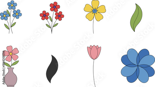 Colorful hand drawn flower icon set featuring various blossom shapes floral stems a vase and garden elements for decorative design.