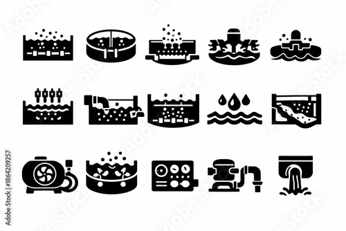 Black and white icons of water treatment process with various equipment and techniques