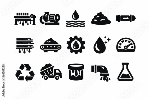 Industrial icons set: machinery, water, recycling, and waste management symbols