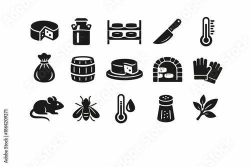 Cheese making icons set: tools, ingredients, animals, and processes in black and white