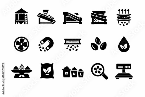 Collection of industrial processing icons including machinery and agricultural elements