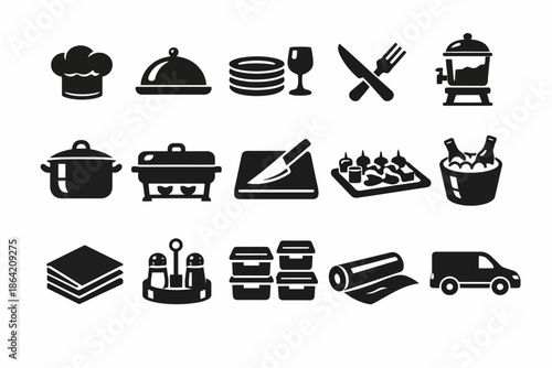 Catering icons set: culinary tools, serving utensils, and delivery van