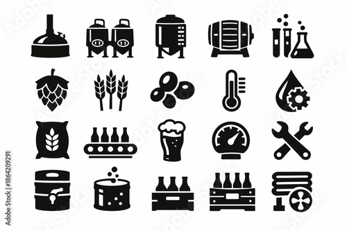 Beer brewing icons: equipment and ingredients for craft beer production