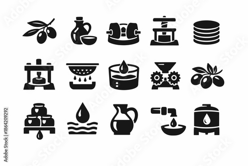 Black icons of olive oil production process and equipment collection