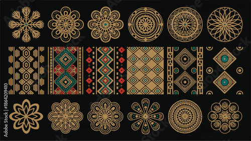 collection of ornate geometric and floral patterns on dark background