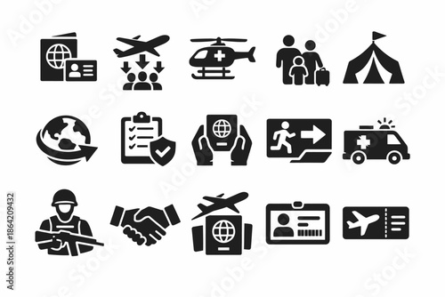 Emergency preparedness icons: travel, healthcare, military, and identification