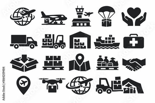 Logistics and transportation icons highlighting global shipping solutions