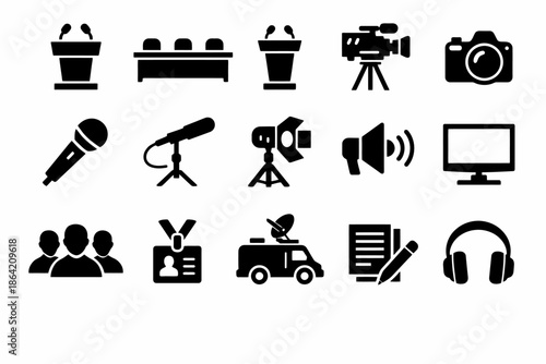 Media and broadcasting equipment icons: microphone, camera, podium, and more