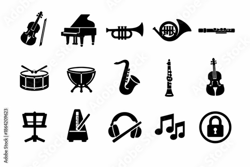 Collection of musical instrument icons including piano, violin, drum, saxophone, and more