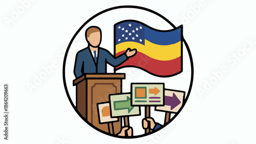 An engaging cartoon illustration inside a circle shows a gesturing politician delivering a speech from a podium before a stylized flag and protest signs.