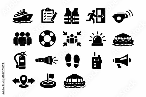 Marine safety icons: lifeboat, evacuation, communication, emergency equipment set