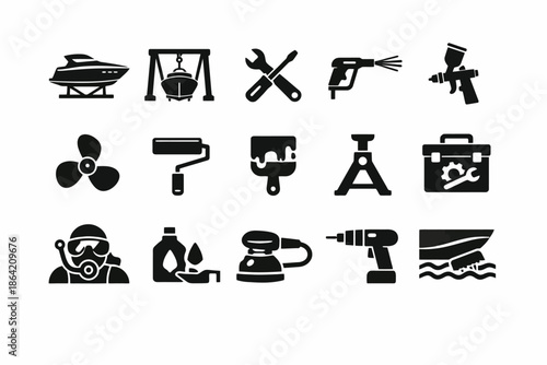 Marine maintenance tools and equipment icons set in black and white