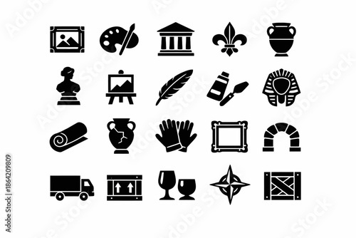 Art and history icons featuring tools, symbols, and artifacts