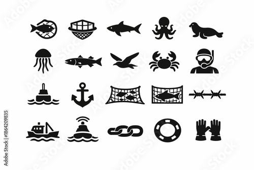Marine icons collection: sea life, fishing, navigation, and equipment symbols