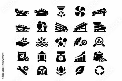 Black silhouette icons depicting various stages of food processing and production