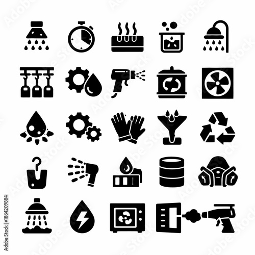Industrial safety icons set: tools, equipment, gear, recycling, hazard symbols