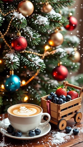 Wallpaper Mural close christmas tree decorated colorful ornaments lights tree covered snow wooden crate filled fresh berries right side side blueberries strawberries front tree espresso cup latte art design cup Torontodigital.ca