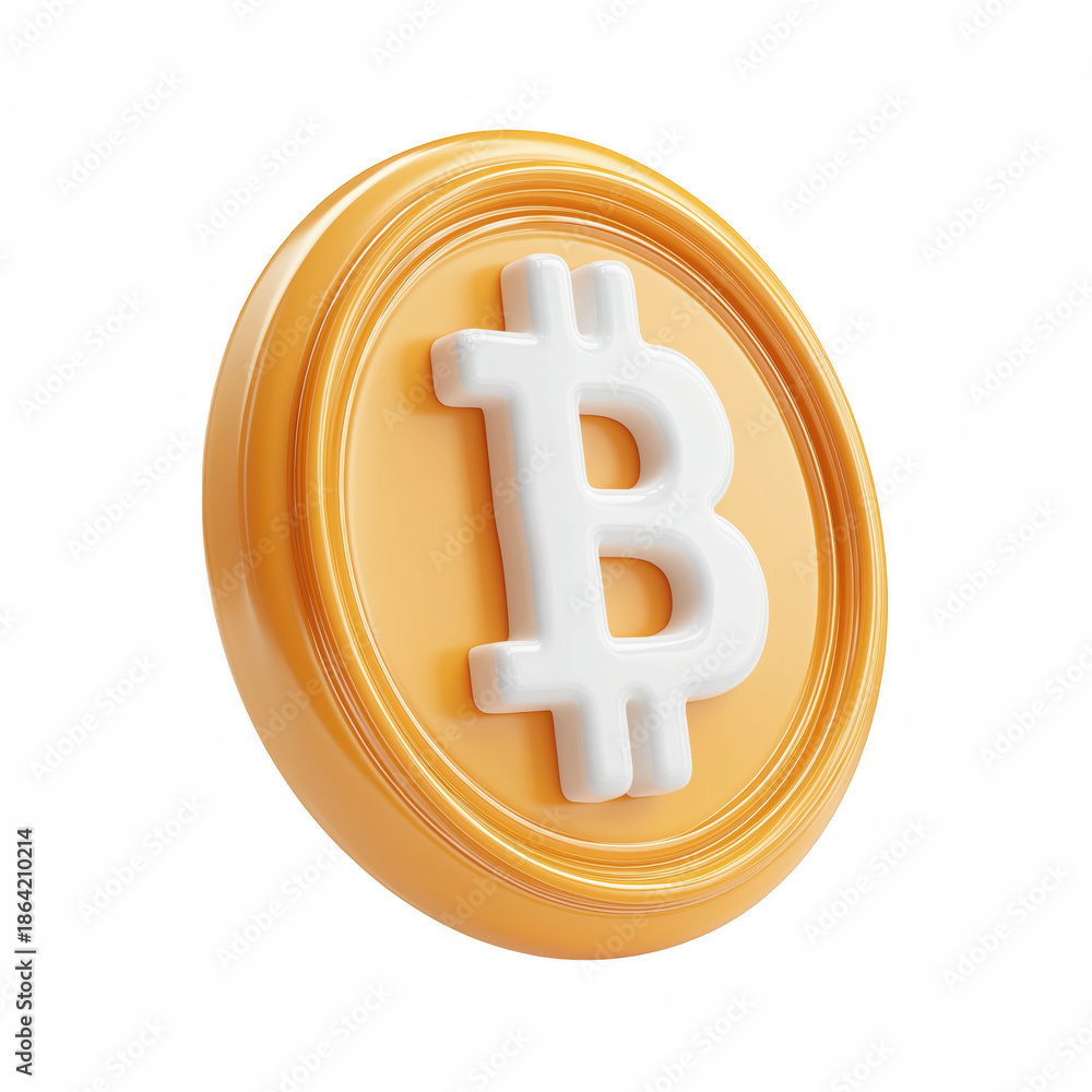 Obraz premium 3D cute cartoon bitcoin coin icon, golden cryptocurrency token with white symbol isolated on transparent background.