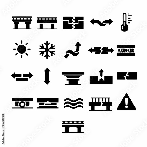 Set of infrastructure and engineering icons representing bridges, arrows, and weather symbols