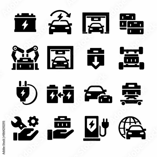 Electric vehicle icons set representing charging, battery, and maintenance concepts
