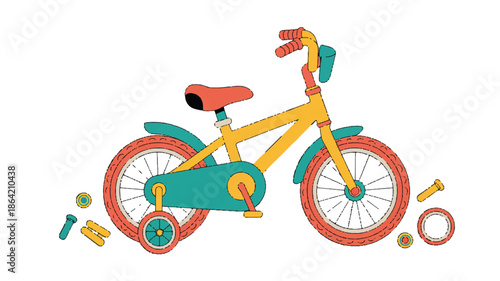 Colorful cartoon bicycle with tools and parts around  kids bike