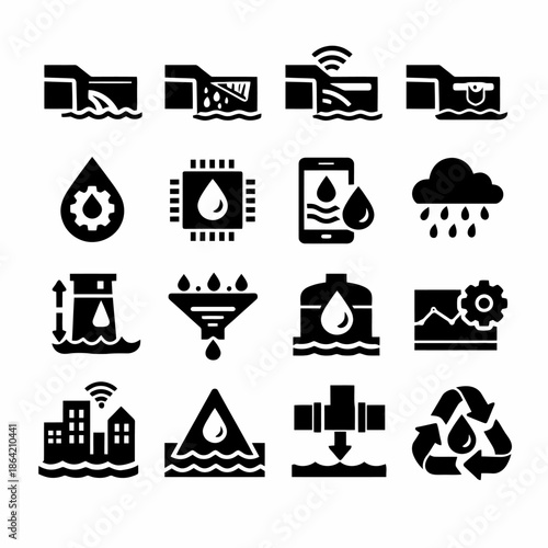 Water management icons: technology, conservation, recycling, and infrastructure set