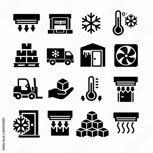 Black and white icons of refrigeration and cold storage equipment