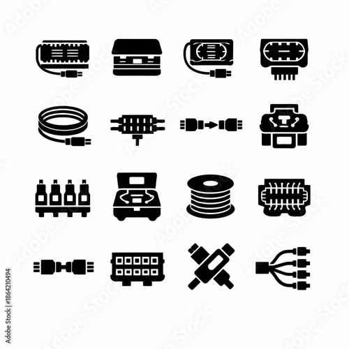 Set of electronic cable and connector icons in black silhouette