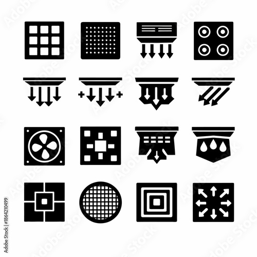 Collection of black airflow and ventilation icons in grid format