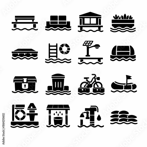 Aquatic facility icons: tools, equipment, and structures for water activities
