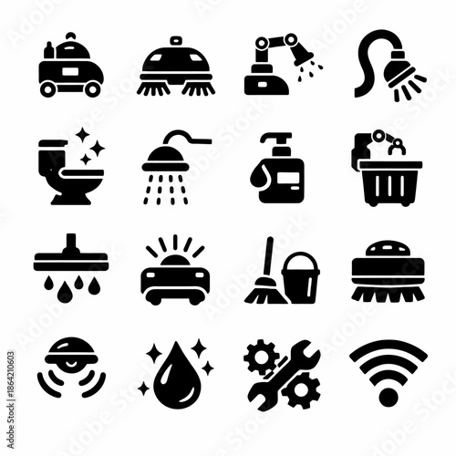 Set of 16 black cleaning and maintenance icons including robots and tools